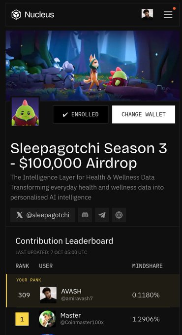 A mobile screenshot of the Nucleus platform showing 'Sleepagotchi Season 3 - $100,000 Airdrop' with an enrolled wallet and a contribution leaderboard displaying users like 'AVASH' and 'Master'.