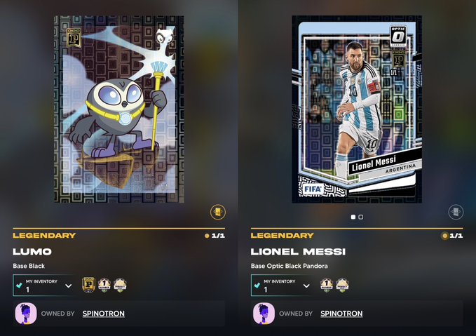 The image showcases two digital trading cards from the Panini Blockchain collection, both marked as Legendary and owned by "SPINOTRON." On the left is the "Lumо" card (Base Black, 3/1), featuring a moonbird-style character in black and gold, reimagined from a PFP as described in the post, while the right displays the "Lionel Messi" card (Base Optic Black Pandora, FIFA) in an Argentinian jersey. The post highlights the Lumо card as part of the user's mini-maxxing journey, noting its golden club with diamond ornaments that symbolize parallels with Messi's World Cup victory.