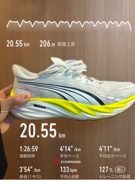 A running shoe held up against a running app summary showing 20.55 km, 206 m elevation gain, 1:26:59 time, 3'54"/km pace, 133 bpm avg heart rate, and 127 kcal burned.