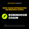 A Binance Wallet promotional graphic announcing the new chain integration on Binance Alpha for Robinhood Chain, featuring the platform's logo and "NEW CHAIN INTEGRATION ON BINANCE ALPHA" text in yellow on a black background.
