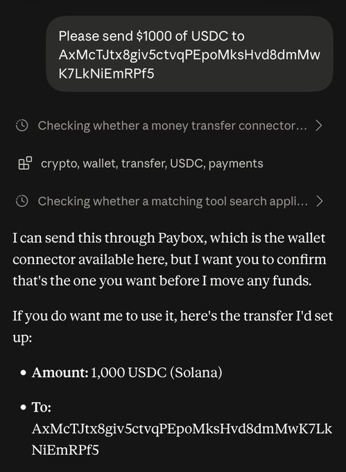 A screenshot of a Claude AI conversation confirming a $1,000 USDC transfer via Paybox to a Solana wallet address (AxMcTJtx8giv5ctvqPEpoMksHvd8dmMwK7LkNiEmRPf5), matching the poster's description of using Claude + PayBox to send USDC on Solana.
