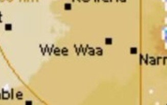 A close-up map view showing a location labeled 'Wee Waa' with surrounding geographical features.