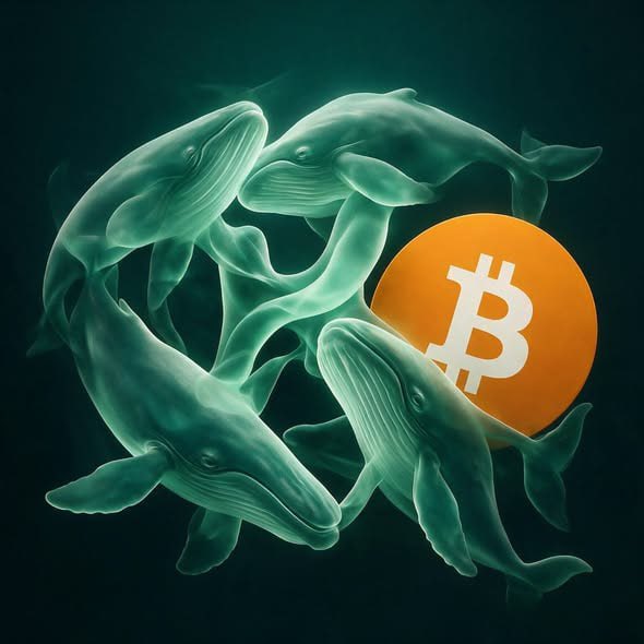 An illustration shows several green whales swimming in a circular formation around an orange Bitcoin (₿) coin against a dark background.