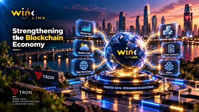 A promotional graphic for 'WinLink' on the 'TRON' blockchain, titled 'Strengthening the Blockchain Economy' with icons for Market Data, Weather Data, Real-World Data, DeFi, Smart Contracts, and Shops.
