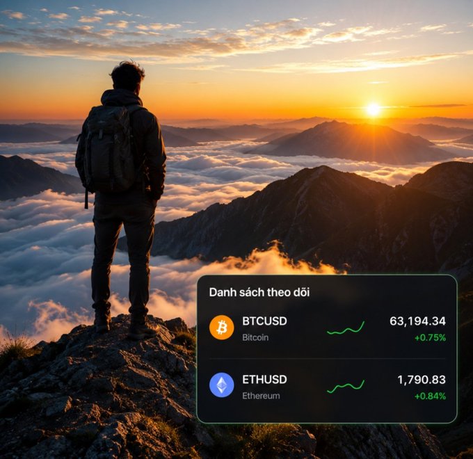 A hiker with a backpack stands on a mountain peak above clouds at sunset, with a crypto watchlist overlay showing BTCUSD at 63,194.34 (+0.75%) and ETHUSD at 1,790.83 (+0.84%) under Vietnamese text 'Danh sách theo dõi'.