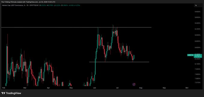 A TradingView candlestick chart shows USDT Dominance (CRYPTOCAP:USDT.D) at 8.338% with a 1.20% gain, bouncing off the lower boundary of a highlighted consolidation range between roughly 8.15% and 9.20% over the February–July timeframe, supporting the post's observation that USDT.D is rebounding from its range low.