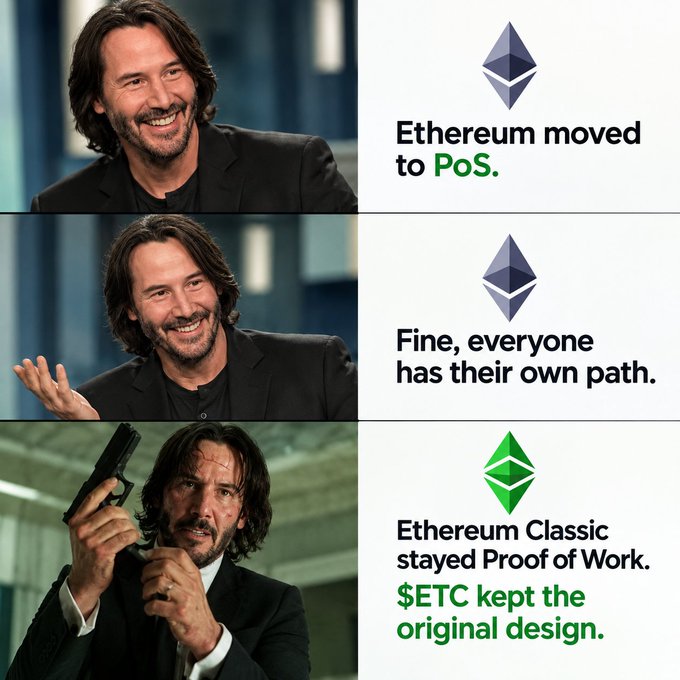 A three-panel meme featuring Keanu Reeves in different poses paired with text about Ethereum: 'Ethereum moved to PoS.', 'Fine, everyone has their own path.', and 'Ethereum Classic stayed Proof of Work. $ETC kept the original design.'