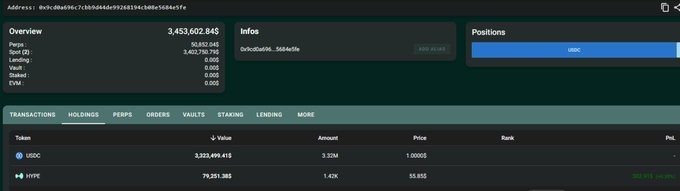 A screenshot of a crypto portfolio dashboard displaying a total balance of $3,453,602.845, with holdings of 3,322,699.415 USDC and 73,831.385 HYPE valued at 55.898, illustrating significant HYPE accumulation alongside the USDC position.