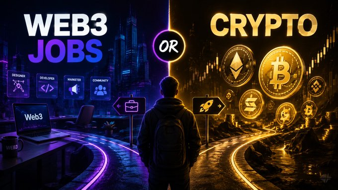 A split-screen graphic contrasting 'WEB3 JOBS' on the left (purple side with job categories like Designer, Developer, Marketer) versus 'CRYPTO' on the right (gold side with Bitcoin and Ethereum coins).