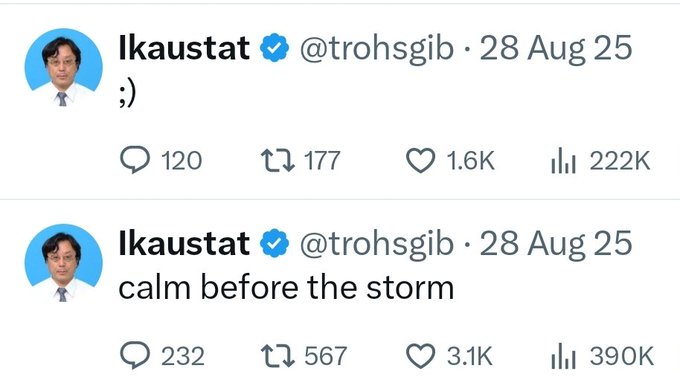Two tweets from user "Ikaustat" (@trohsgib) posted on "28 Aug 25," the first with the text ";)" and the second reading "calm before the storm".