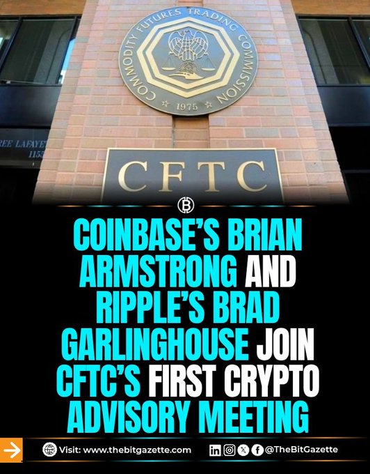 The image shows a photograph of the CFTC (Commodity Futures Trading Commission) seal and signage mounted on a brick building, with overlaid text announcing "Coinbase's Brian Armstrong and Ripple's Brad Garlinghouse Join CFTC's First Crypto Advisory Meeting." The post's quote about Ripple shifting from fighting regulators to helping shape crypto regulation is directly illustrated by the image, which depicts the regulatory body (CFTC) where Ripple's leadership now has a seat at the table.
