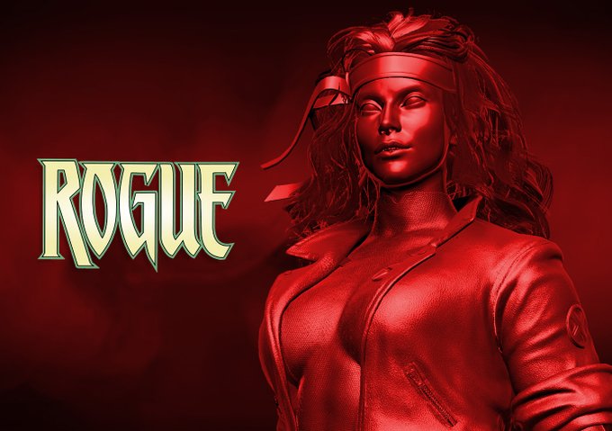 Promotional artwork for 'ROGUE' features a monochromatic red-tinted illustration of a woman with wild hair wearing a headband and a leather jacket with an X logo.