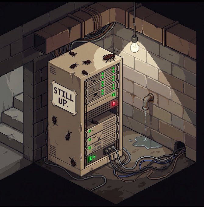 An isometric pixel art illustration shows a dusty server rack labeled 'STILL UP.' infested with cockroaches, located in a brick basement corner with a leaking pipe and exposed cables.