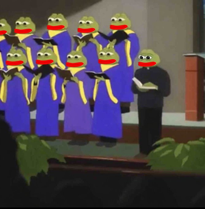 A choir of $PEPE the Frog characters in purple robes sings from hymnals alongside a priest in black, humorously illustrating the post's Sunday morning meme about the $PEPE "choir" bringing bullish optimism to the crypto community.