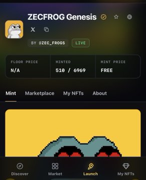 A mobile app screen showing ZECFROG Genesis NFT collection with 518/6969 minted and a free mint price, displaying a pixel art frog character.