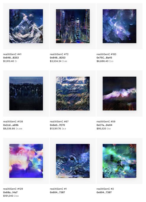 A gallery of NFT artwork titled 'realtiGenC' displayed with prices in ETH, including tokens like 'realtiGenC #41' at $1,910.40 and 'realtiGenC #129' at $191,040.