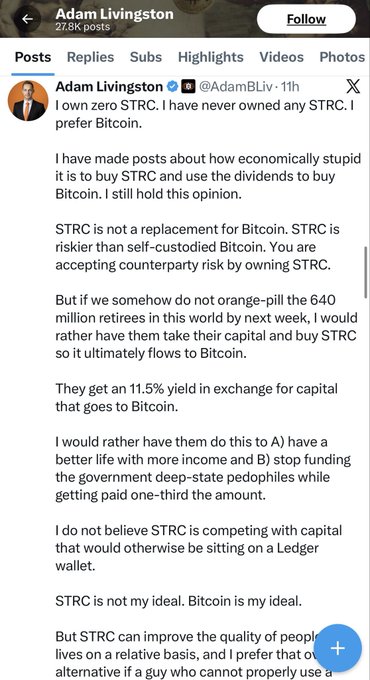 The image shows a screenshot of a social media post from Adam Livingston. The post includes text that reads "On the good day: allocate ASAP to STRC. Daily promotional posts. On the bad day: I don't own any bros, never owned any. Its risky." This message is related to the post about investing in Bitcoin and StRC's role as a financial institution.