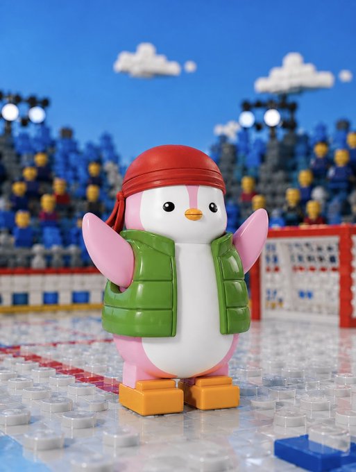 A Lego penguin figure wearing a red bandana and green vest stands on an icy Lego surface with a goal net and a crowd of minifigures in the background.