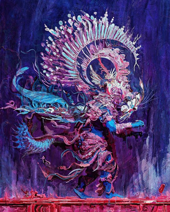A vibrant, abstract surreal painting featuring a complex central figure in shades of pink, blue, and purple, surrounded by flowing tendrils, skeletal elements, and a radiant halo-like structure against a dark blue background.