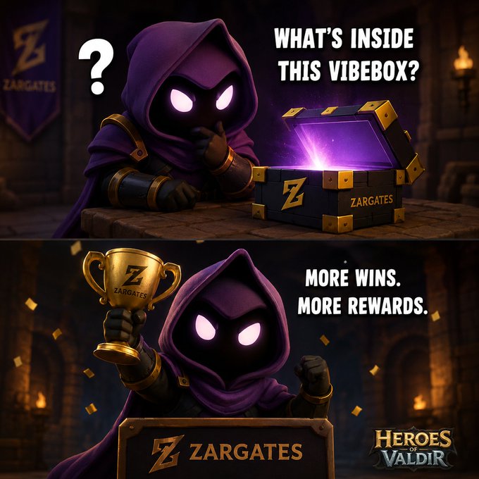 A two-panel promotional image for 'ZARGATES' featuring a hooded purple character, asking 'WHAT'S INSIDE THIS VIBEBOX?' in the top panel and 'MORE WINS. MORE REWARDS.' alongside 'HEROES OF VALDIR' in the bottom panel.