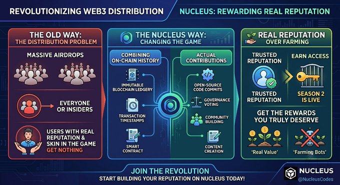 An infographic titled 'REVOLUTIONIZING WEB3 DISTRIBUTION - NUCLEUS: REWARDING REAL REPUTATION' comparing 'THE OLD WAY' (massive airdrops benefiting everyone/insiders while real users get nothing) versus 'THE NUCLEUS WAY' which combines on-chain history and actual contributions to determine real reputation for Season 2 access.