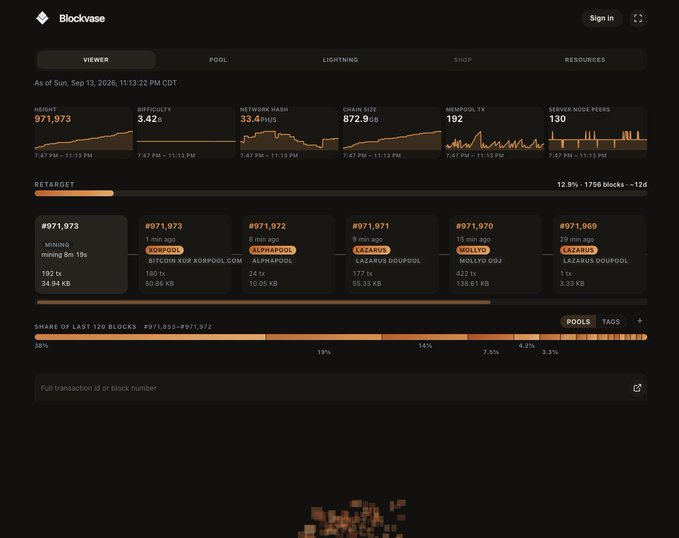 A dark-themed Bitcoin blockchain dashboard called 'Blockvase' showing network statistics like 'HEIGHT 971,973', 'DIFFICULTY 3.42T', and 'NETWORK HASH 535.4 EH/s' along with recent blocks.