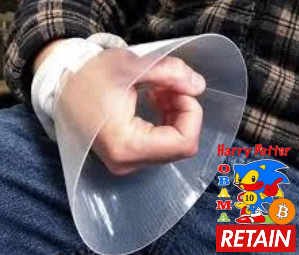 A close-up of a person's bandaged hand gripping a clear plastic cone, with meme-style overlays including 'Harry Potter OBAMA', a Sonic character with a Bitcoin hat, and a red 'RETAIN' button.