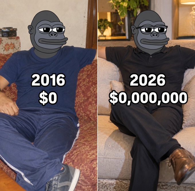 A side-by-side comparison meme using the 'gorilla sitting' template, showing a person in a blue tracksuit labeled '2016 $0' on the left and a person in black attire labeled '2026 $0,000,000' on the right.