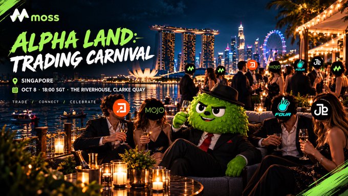 A promotional graphic for "ALPHA LAND: TRADING CARNIVAL" hosted by Moss on October 8 at 6 PM SGT at The Riverhouse, Clarke Quay, Singapore, featuring the iconic Singapore skyline and a green fuzzy character alongside partner brands SmartX, JELabs, Four, Mojo, and Pudgy.