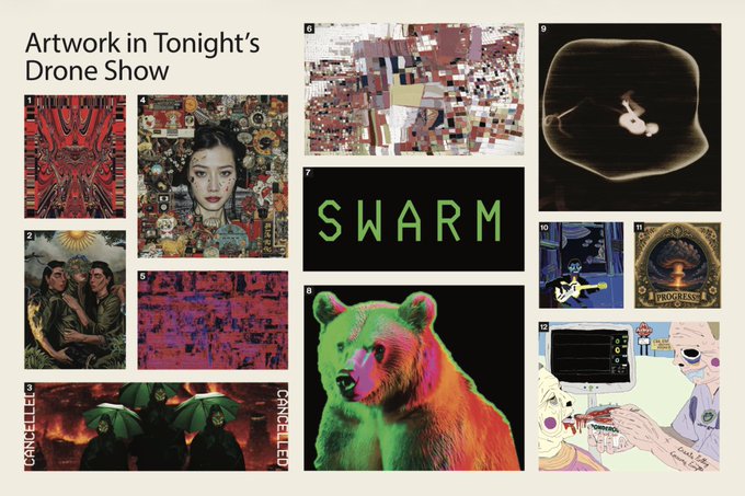 A promotional slide titled 'Artwork in Tonight's Drone Show' displaying a collage of 12 NFT artworks, including pieces labeled 'SWARM' and 'CANCELLED', featuring various styles from paintings to illustrations.