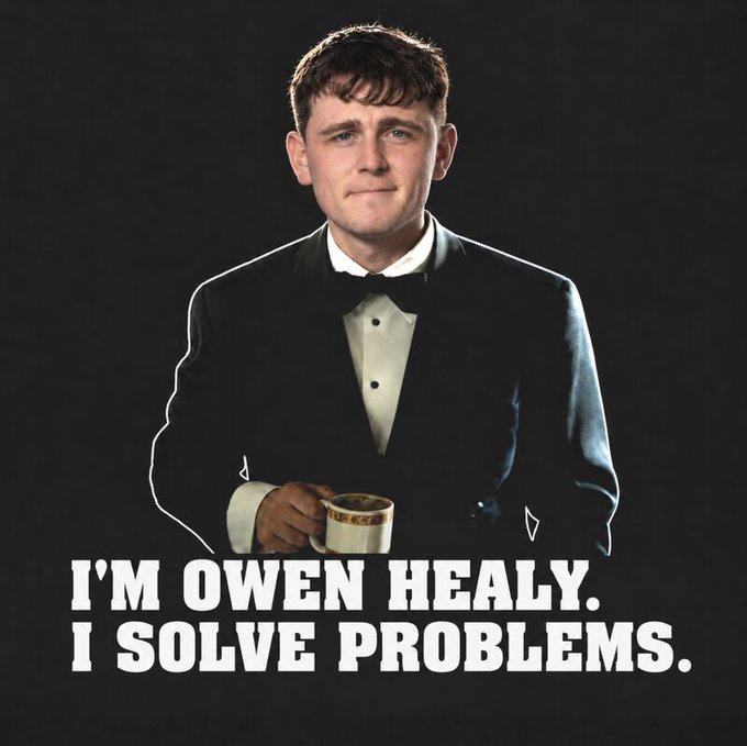 A portrait of a young man in a black tuxedo holding a small teacup, with overlaid text reading 'I'M OWEN HEALY. I SOLVE PROBLEMS.'