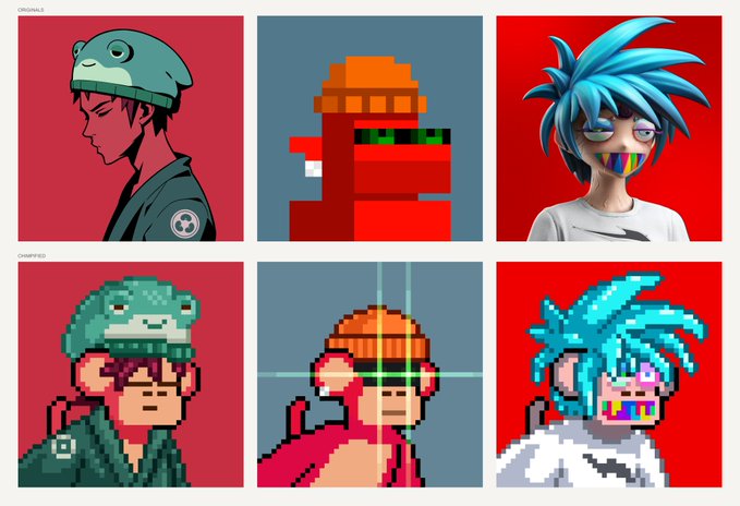 A pixel art conversion showing three original digital illustrations on top and their pixelated versions below, featuring characters with a frog hat, an orange/red character, and a blue-haired figure.