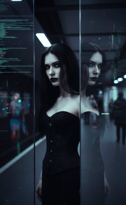 The image features a woman with long hair wearing a corset, standing in front of a glass window that reflects her image. The background shows people walking by outside the building, indicating an urban setting. The caption for the image reads "GMorgen Happy Tuesday, and TezosTuesday, and I hope your day is now or soon off to a pleasant start I have two new releases going live in roughly 20 minutes, at 6am UTC Sidestep - Edition of 21 Altered Presence - 1/1 Viel Liebe".