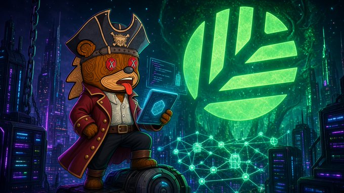 An illustrated cartoon bear dressed as a pirate with "X" eyes and a stuck-out tongue holds a laptop displaying code, standing atop a crypto-mining rig in front of a neon green Canopy Network ($CNPY) logo against a cyberpunk blockchain cityscape—visually reinforcing the post's message that CNPY provides true sovereign ownership for AI-built apps without the rental overhead of other chains.