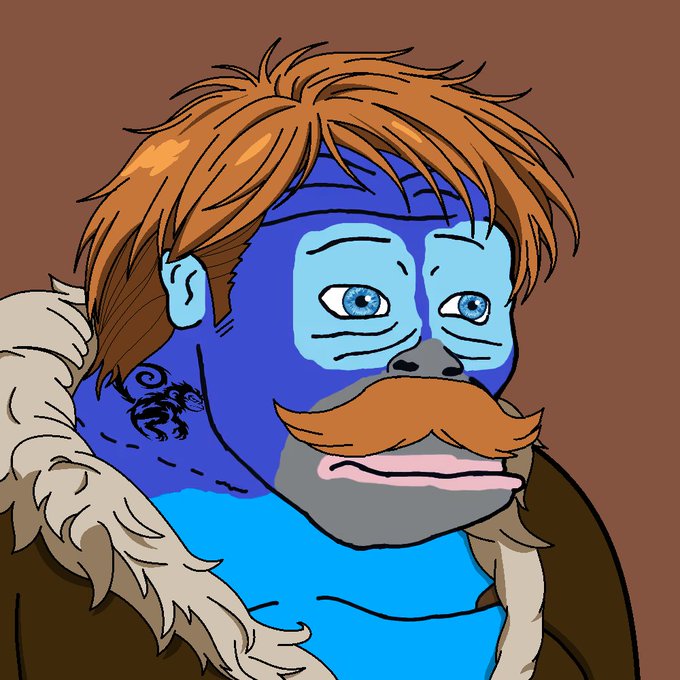 A digital drawing of a blue-faced gorilla-like character with orange hair, a mustache, and a scorpion tattoo on its shoulder.