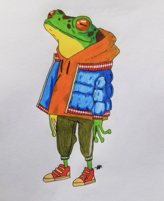 An illustration of an anthropomorphic tree frog wearing an orange hoodie, blue puffer jacket, olive green sweatpants, and red sneakers, standing on a white background.