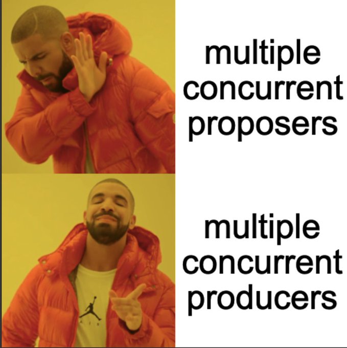 The classic Drake 'rejecting vs approving' meme, where he rejects 'multiple concurrent proposers' and approves 'multiple concurrent producers'.