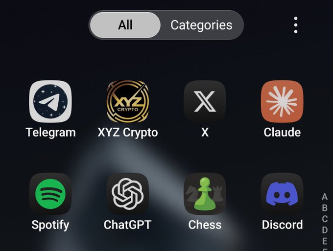 A smartphone home screen showing app folders with icons for Telegram, XYZ Crypto, X, Claude, Spotify, ChatGPT, Chess, and Discord.