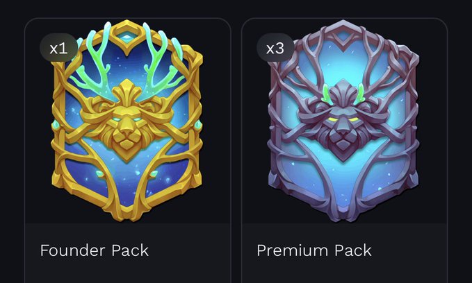 Two digital card packs from a game are shown: a gold 'Founder Pack' with a stag design (x1) and a purple 'Premium Pack' with a similar design (x3).