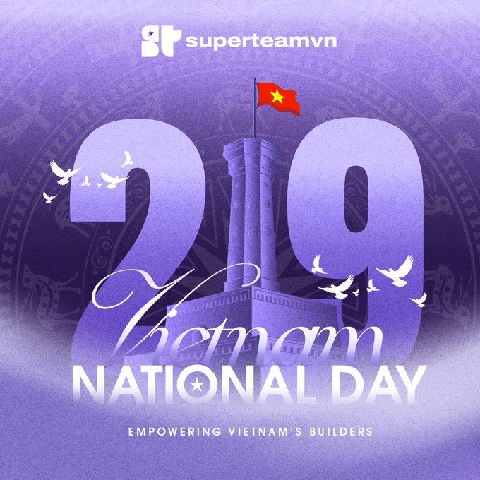 A purple-themed promotional graphic for Superteam VN celebrating Vietnam's 2/9 National Day, featuring the number '29', a Vietnamese flag, doves, and the tagline 'Empowering Vietnam's Builders'.