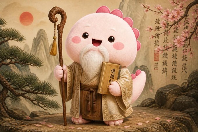 A cute cartoon dinosaur character dressed as a sage holds a staff and a book with Chinese characters, set against a traditional landscape.