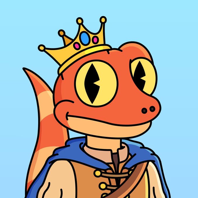 A cartoon illustration of an orange lizard-like creature wearing a golden crown adorned with jewels and a blue and beige tunic, set against a light blue background.