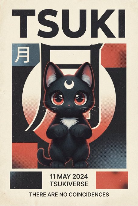 A retro-style poster titled 'TSUKI' featuring a black cat with a moon symbol on its forehead, dated '11 MAY 2024 TSUKIVERSE' with the tagline 'THERE ARE NO COINCIDENCES'.