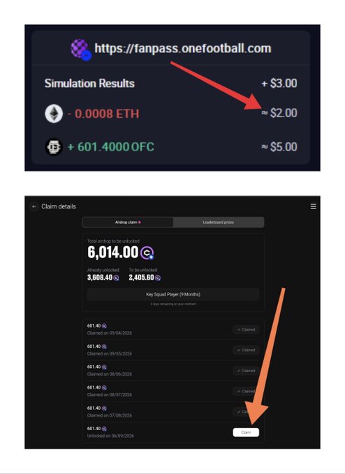 Screenshots from a crypto airdrop platform showing simulation results with '601.4000 OFC' and a 'Claim details' page showing unclaimed tokens.
