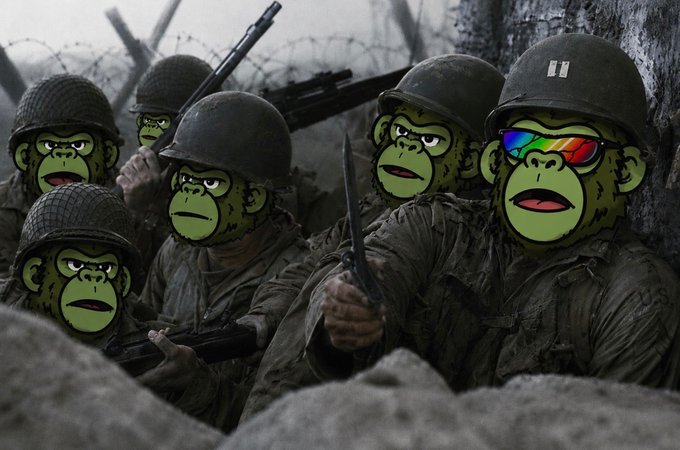 A digitally edited image depicts soldiers in WWII-era helmets and uniforms in a battlefield trench, but with cartoonish green gorilla/ape faces superimposed on them.
