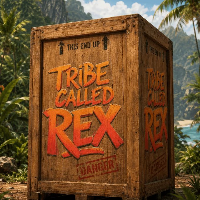 A wooden shipping crate in a tropical setting labeled 'THIS END UP' with bold painted text reading 'TRIBE CALLED REX' and a red 'DANGER' stamp.