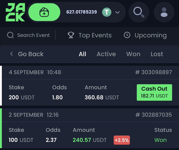 A screenshot from a betting platform (ZACK) shows a recent won bet of 240.57 USDT (+2.5%) from a 100 USDT stake at 2.37 odds, alongside an active 200 USDT bet offering a cash-out of 182.71 USDT, visually confirming the post's claim of being up $240 on a winning weekend wager.