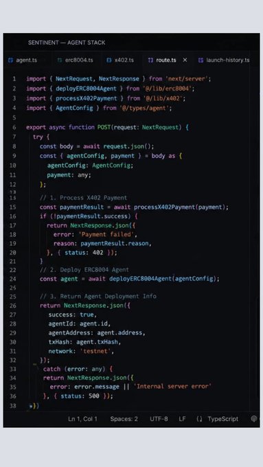 The image shows a TypeScript file at `agent.ts` implementing a POST endpoint that processes x402 payments, deploys an ERC8004 agent, and returns the new agent's ID, address, and transaction hash—directly illustrating the accompanying post's description of paying for an agent to be deployed with an onchain identity via ERC8004, currently on testnet.