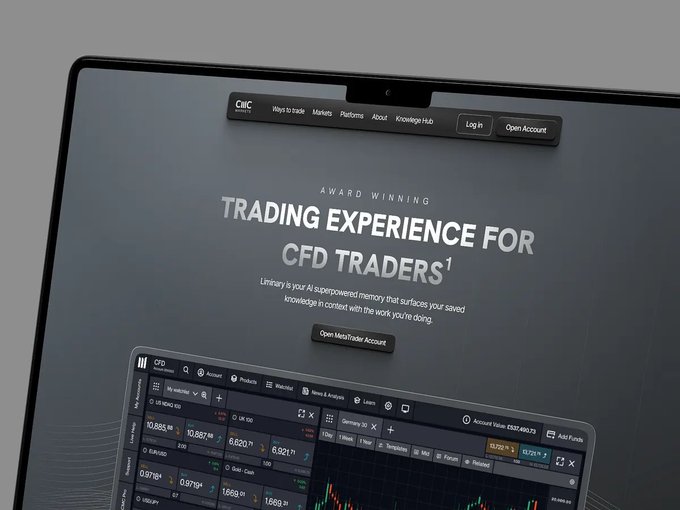 A laptop screen displaying a trading platform website with the headline 'Award Winning Trading Experience for CFD Traders' and a trading chart below.