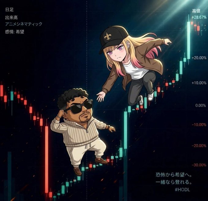 An anime-style illustration features two characters leaping over a rising candlestick stock chart with Japanese text including '#HODL', a +28.67% high, and phrases like '恐怖から希望へ' (From fear to hope).